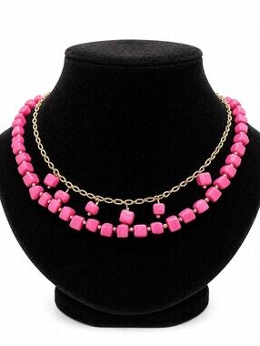 Vintage Style Pink Beaded Choker Necklace Silver Tone Chain